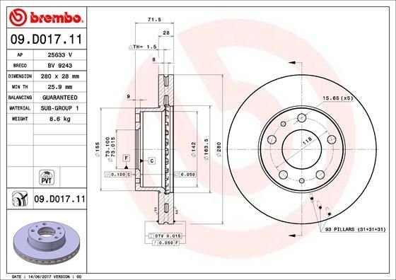 09.D017.11 BREMBO (Германия) Тормозной диск BREMBO