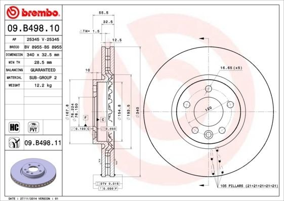 09.B498.11 BREMBO (Германия) Тормозной диск BREMBO