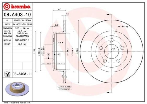 08.A403.11 BREMBO (Германия) Гальмівний диск BREMBO