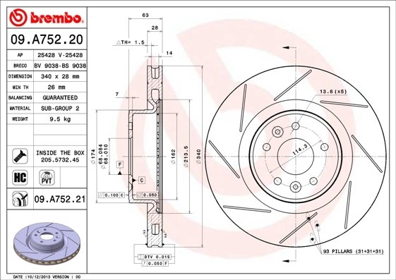 09.A752.21 BREMBO (Германия) Гальмівний диск BREMBO