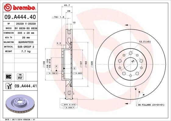 09.A444.41 BREMBO (Германия) Тормозной диск BREMBO