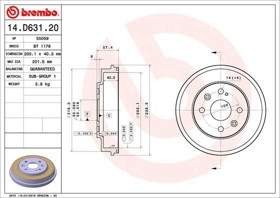 14.D631.20 BREMBO (Германия) Тормозной барабан BREMBO