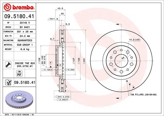 09.5180.41 BREMBO (Германия) Тормозной диск BREMBO