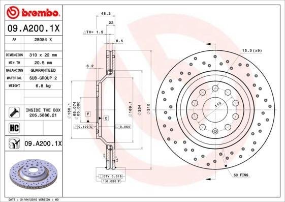 09.A200.1X BREMBO (Германия) Тормозной диск BREMBO