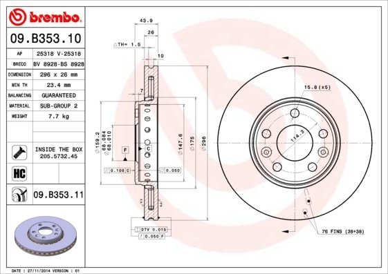 09.B353.11 BREMBO (Германия) Тормозной диск BREMBO