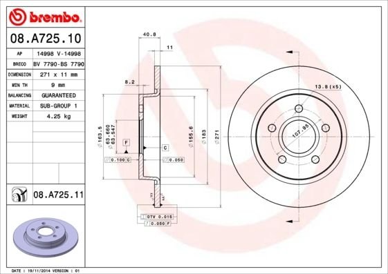 08.A725.11 BREMBO (Германия) Гальмівний диск BREMBO