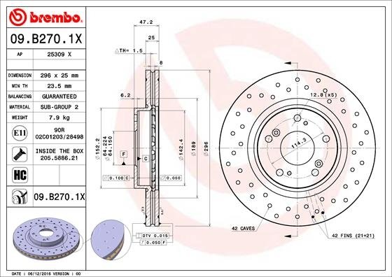 09.B270.1X BREMBO (Германия) Гальмівний диск BREMBO