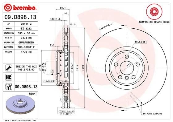 Фото гальмівний диск BREMBO 09.D898.13 BREMBO (Германия) 09.D898.13 BREMBO (Германия) Гальмівний диск BREMBO