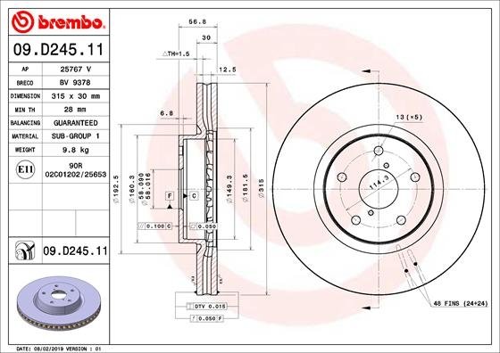 09.D245.11 BREMBO (Германия) Гальмівний диск BREMBO