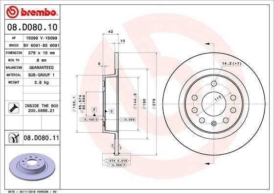 08.D080.11 BREMBO (Германия) Тормозной диск BREMBO