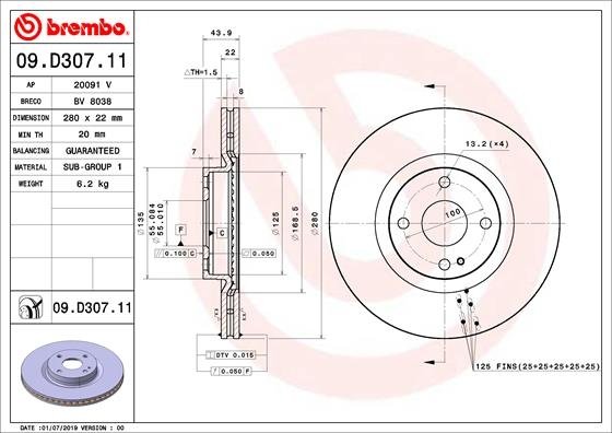 09.D307.11 BREMBO (Германия) Тормозной диск BREMBO