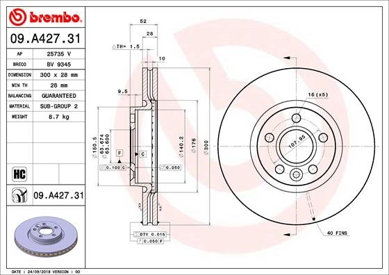 09.A427.31 BREMBO (Германия) Тормозной диск BREMBO