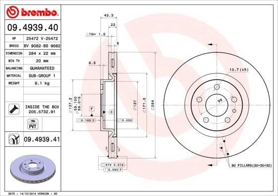 09.4939.41 BREMBO (Германия) Тормозной диск BREMBO