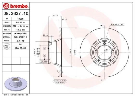 08.3637.10 BREMBO (Германия) Тормозной диск BREMBO