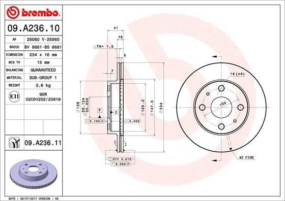 09.A236.11 BREMBO (Германия) Тормозной диск BREMBO