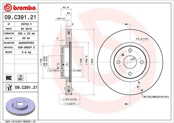 09.C391.21 BREMBO (Германия) Тормозной диск BREMBO