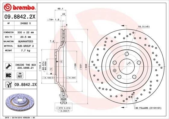 09.8842.2X BREMBO (Германия) Гальмівний диск BREMBO