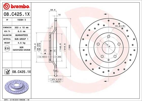 08.C425.1X BREMBO (Германия) Тормозной диск BREMBO