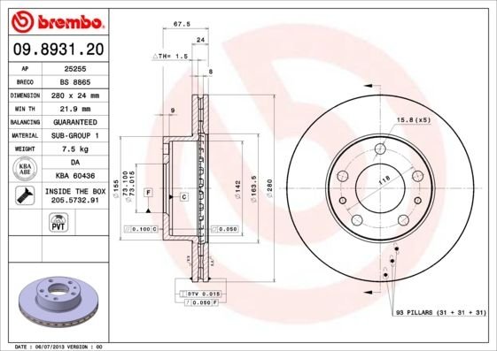 09.8931.21 BREMBO (Германия) Гальмівний диск BREMBO