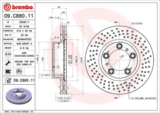 09.C880.11 BREMBO (Германия) Тормозной диск BREMBO