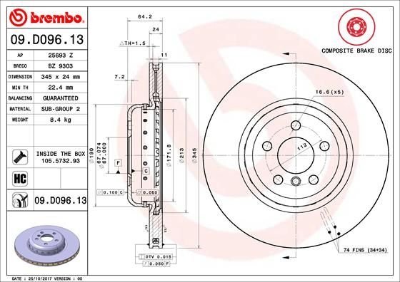 09.D096.13 BREMBO (Германия) Гальмівний диск BREMBO