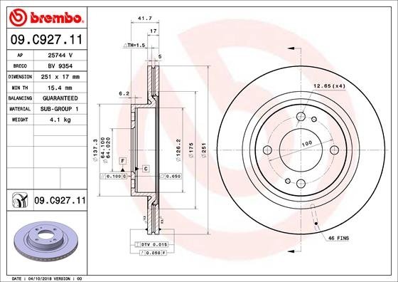 09.C927.11 BREMBO (Германия) Тормозной диск BREMBO