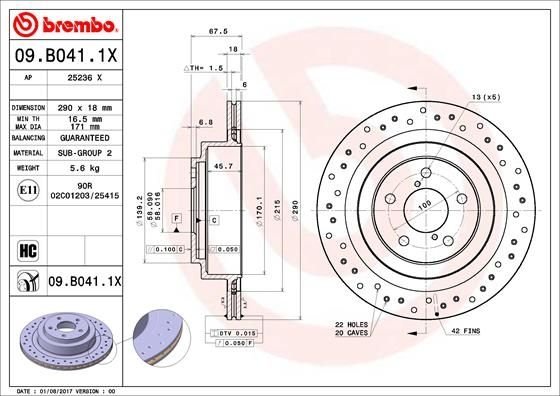 09.B041.1X BREMBO (Германия) Тормозной диск BREMBO