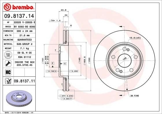 09.8137.11 BREMBO (Германия) Тормозной диск BREMBO