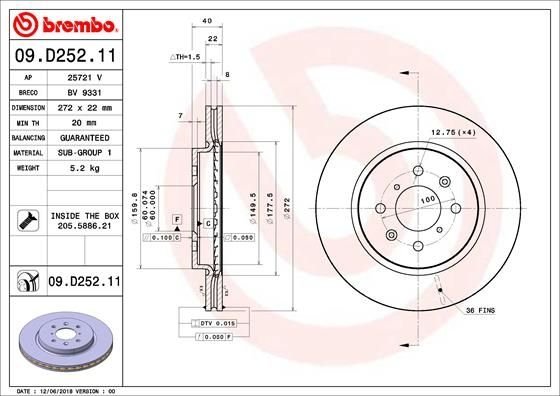 09.D252.11 BREMBO (Германия) Гальмівний диск BREMBO