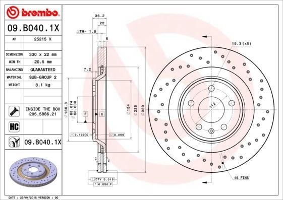 09.B040.1X BREMBO (Германия) Тормозной диск BREMBO