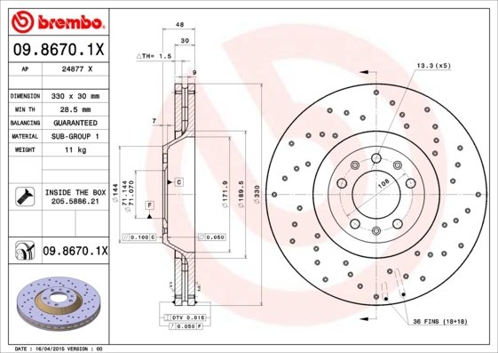 09.8670.1X BREMBO (Германия) Гальмівний диск BREMBO