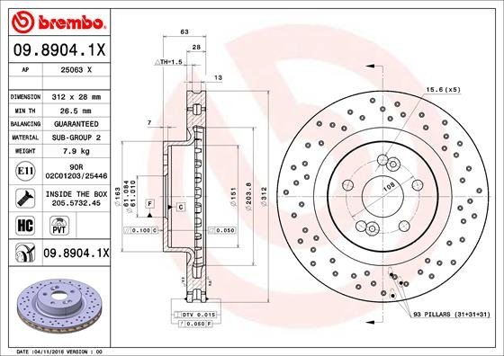 09.8904.1X BREMBO (Германия) Тормозной диск BREMBO