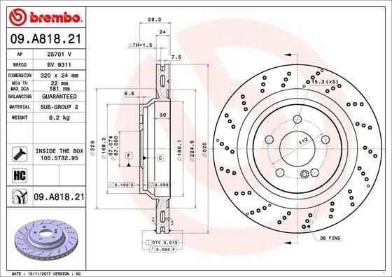 09.A818.21 BREMBO (Германия) Тормозной диск BREMBO