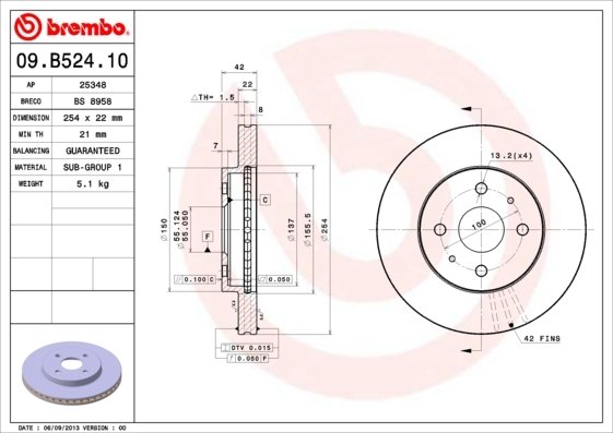 09.B524.10 BREMBO (Германия) Гальмівний диск BREMBO