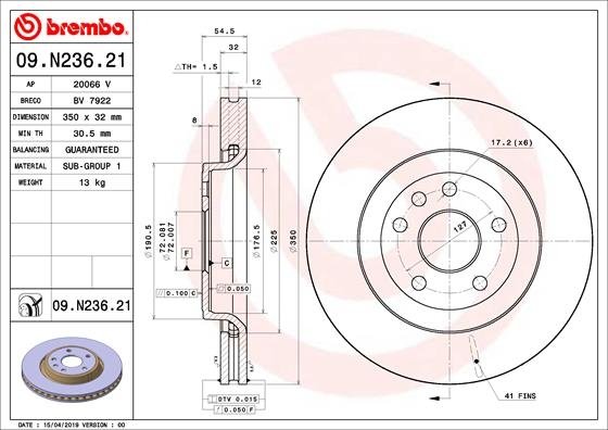 09.N236.21 BREMBO (Германия) Гальмівний диск BREMBO