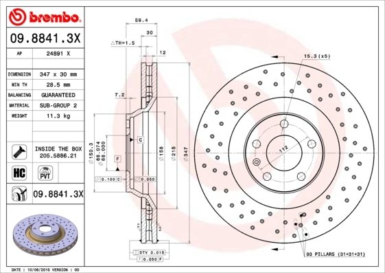 09.8841.3X BREMBO (Германия) Тормозной диск BREMBO