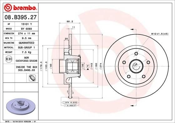 08.B395.27 BREMBO (Германия) Тормозной диск BREMBO