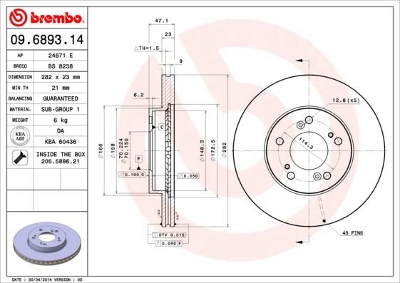 09.6893.11 BREMBO (Германия) Гальмівний диск BREMBO