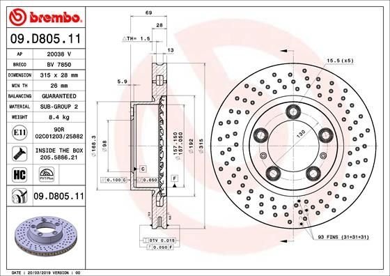 09.D805.11 BREMBO (Германия) Тормозной диск BREMBO