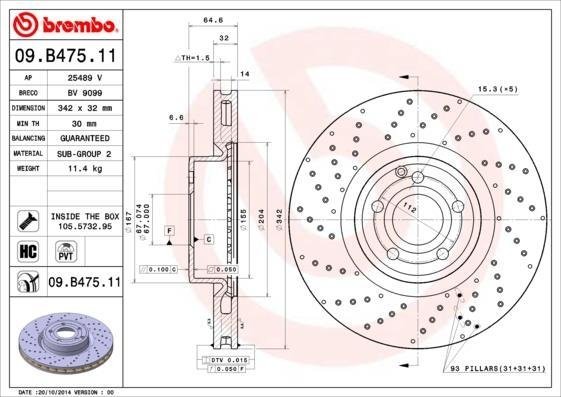 09.B475.11 BREMBO (Германия) Гальмівний диск BREMBO