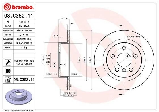 08.C352.11 BREMBO (Германия) Гальмівний диск BREMBO