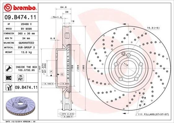 09.B474.11 BREMBO (Германия) Гальмівний диск BREMBO