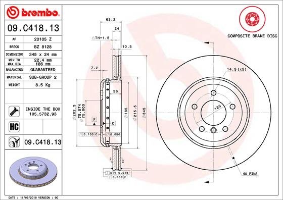 09.C418.13 BREMBO (Германия) Гальмівний диск BREMBO