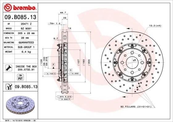 09.B085.13 BREMBO (Германия) Тормозной диск BREMBO