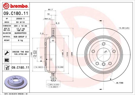 09.C180.11 BREMBO (Германия) Тормозной диск BREMBO