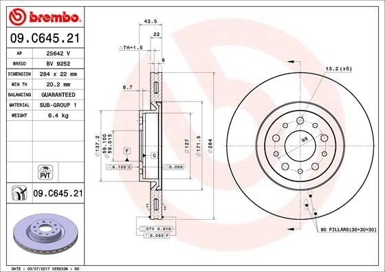 09.C645.21 BREMBO (Германия) Гальмівний диск BREMBO