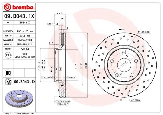 09.B043.1X BREMBO (Германия) Гальмівний диск BREMBO