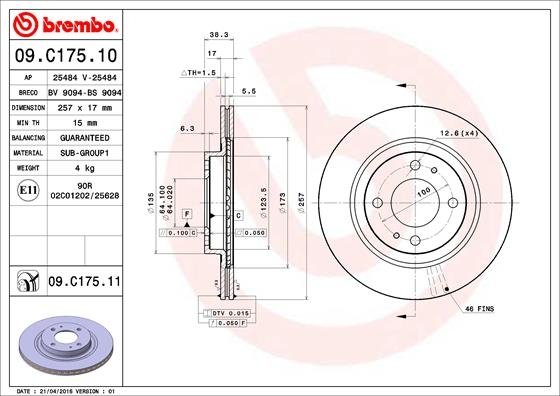 09.C175.11 BREMBO (Германия) Гальмівний диск BREMBO