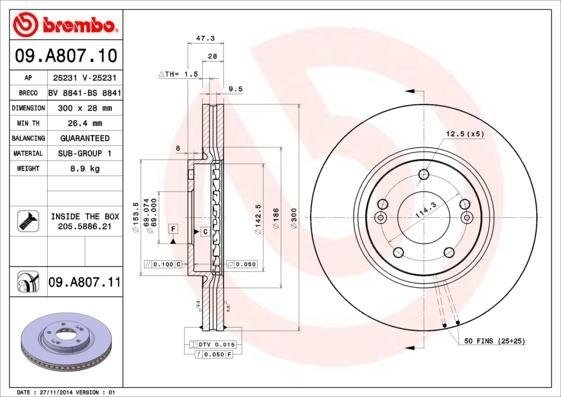 09.A807.11 BREMBO (Германия) Гальмівний диск BREMBO