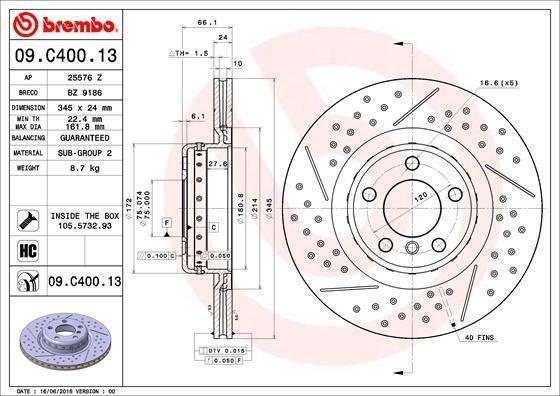 09.C400.13 BREMBO (Германия) Тормозной диск BREMBO